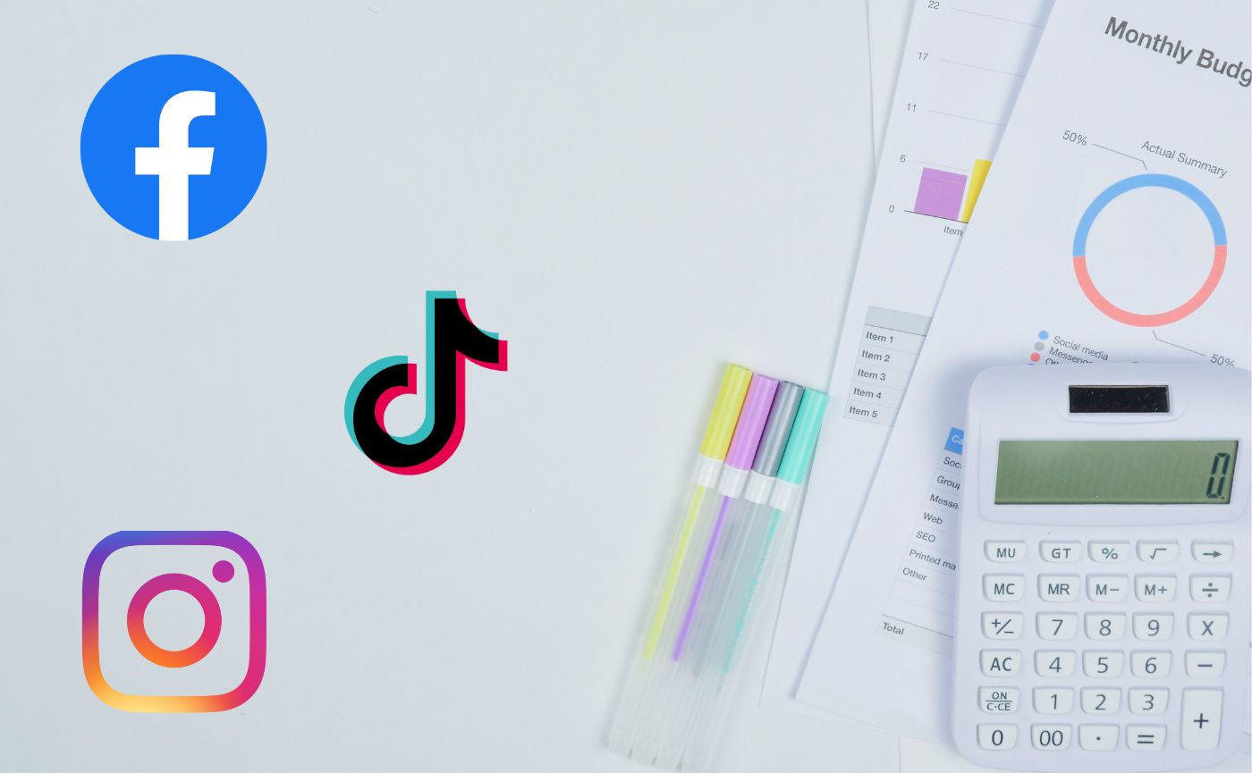 Facebook, TikTok, and Instagram logos with papers and a calculator.