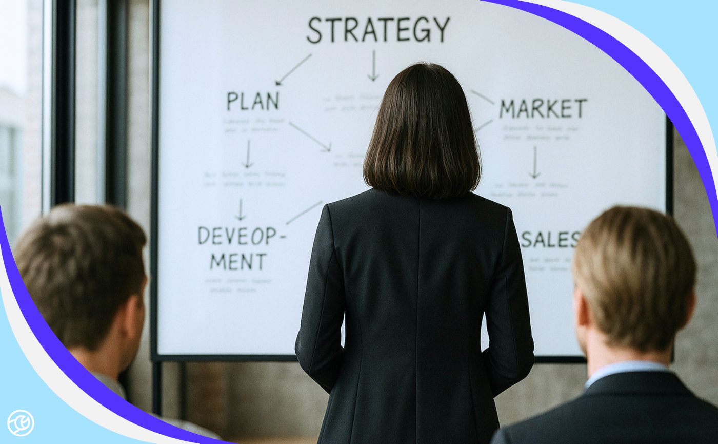 Woman standing in front of a whiteboard, mapping out business strategy and plans.